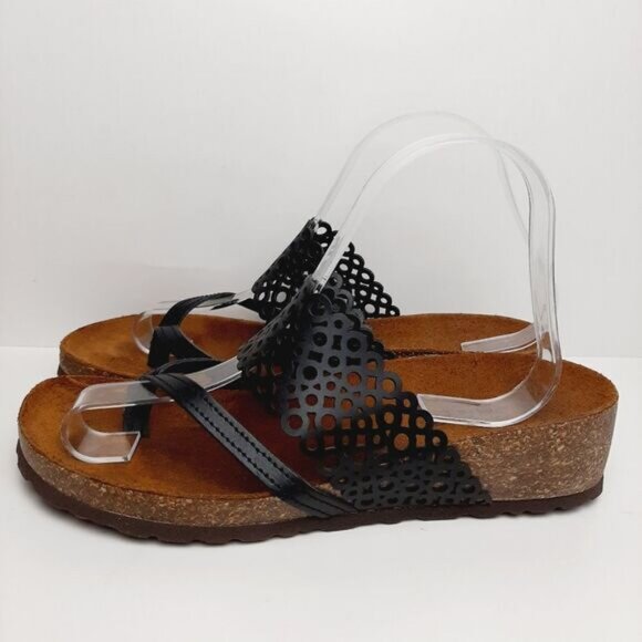 SONIA C. Italy Cork Low Wedge Heel Sandal Thong Sandal Black Geo Circle Sz 8 - Picture 6 of 12